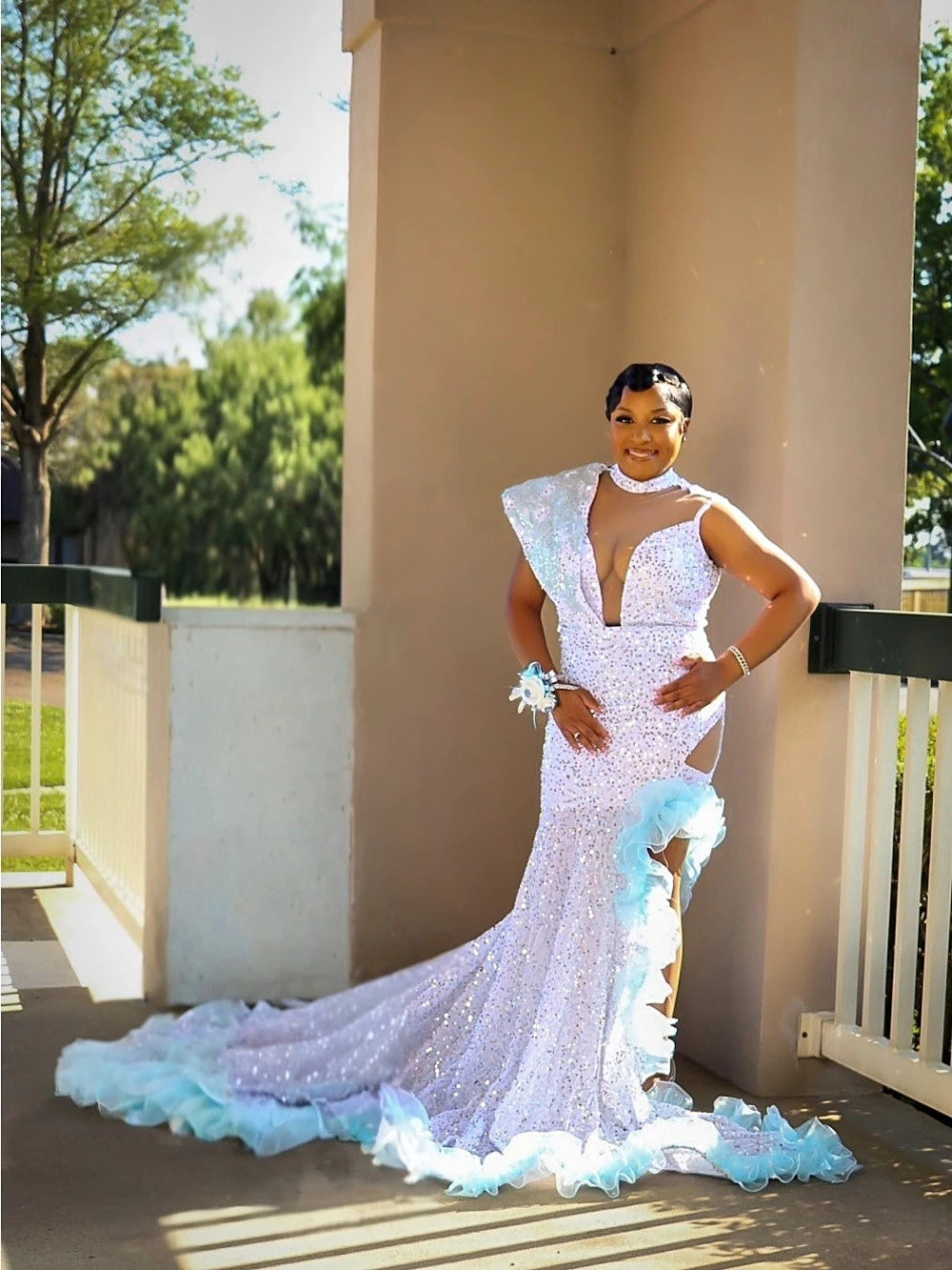 White & Blue Prom Dress Like New